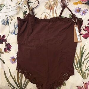 SKIMS Oxblood Lace Trim Bodysuit